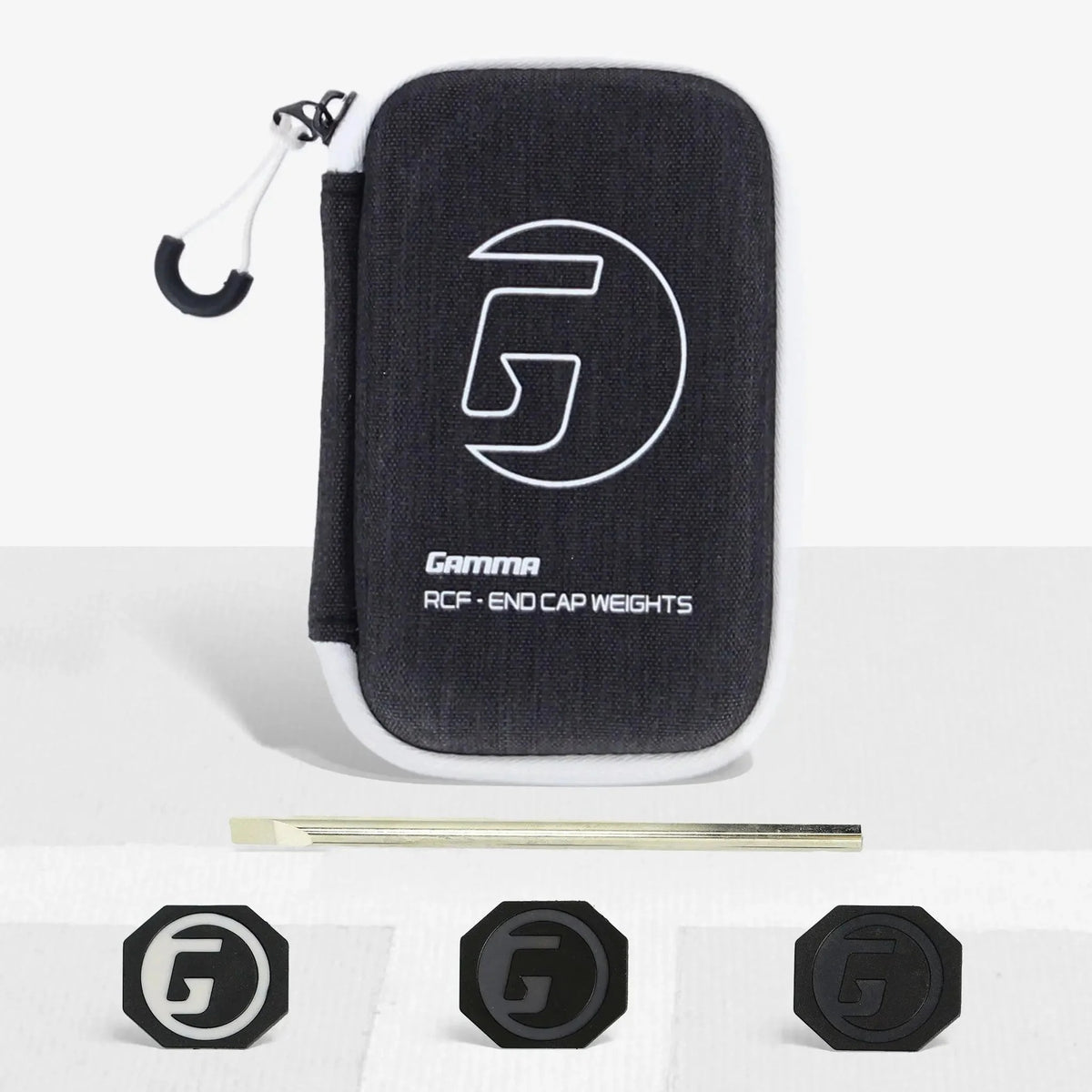 Pickleball paddle end cap weight kit with interchangeable weighted caps, adjustment tool, and storage case.