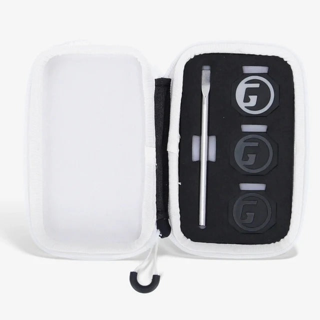 Pickleball paddle end cap weight kit with interchangeable weighted caps, adjustment tool, and storage case.