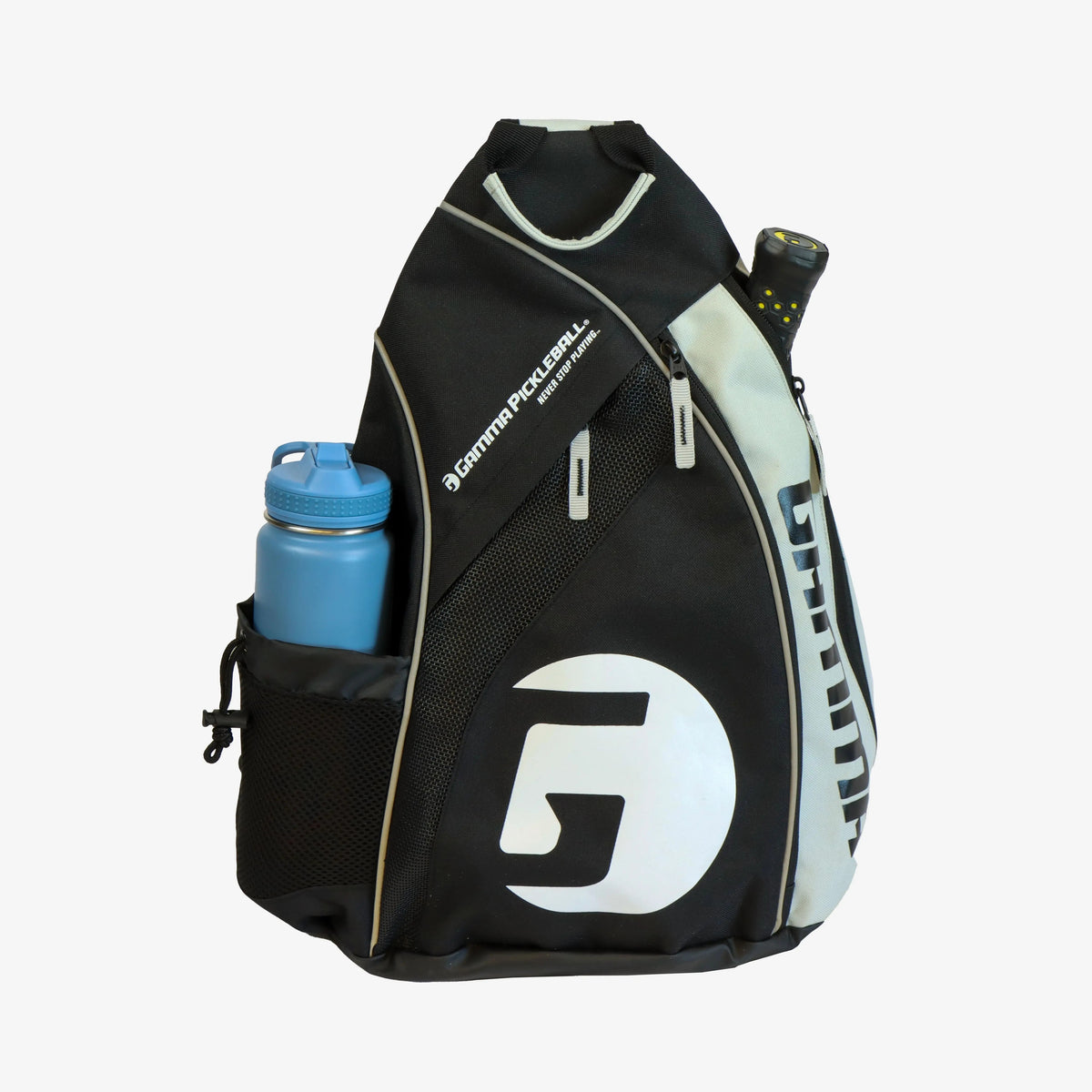 Pickleball sling bag with multiple compartments, mesh pocket, and side holder for carrying paddles, balls, and accessories.