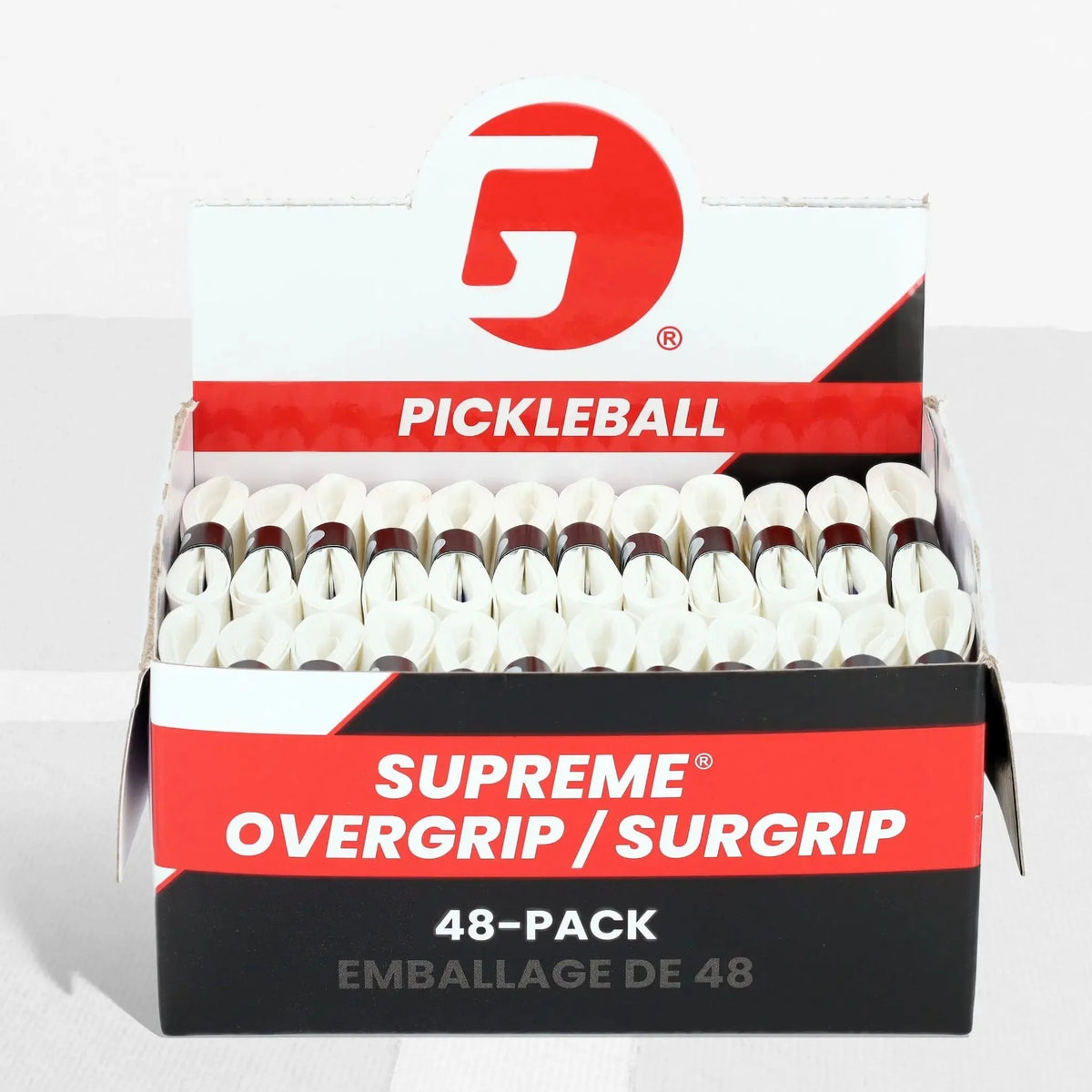 Bulk pack of pickleball overgrips in a display box, designed to provide enhanced grip, comfort, and control for paddle handles.