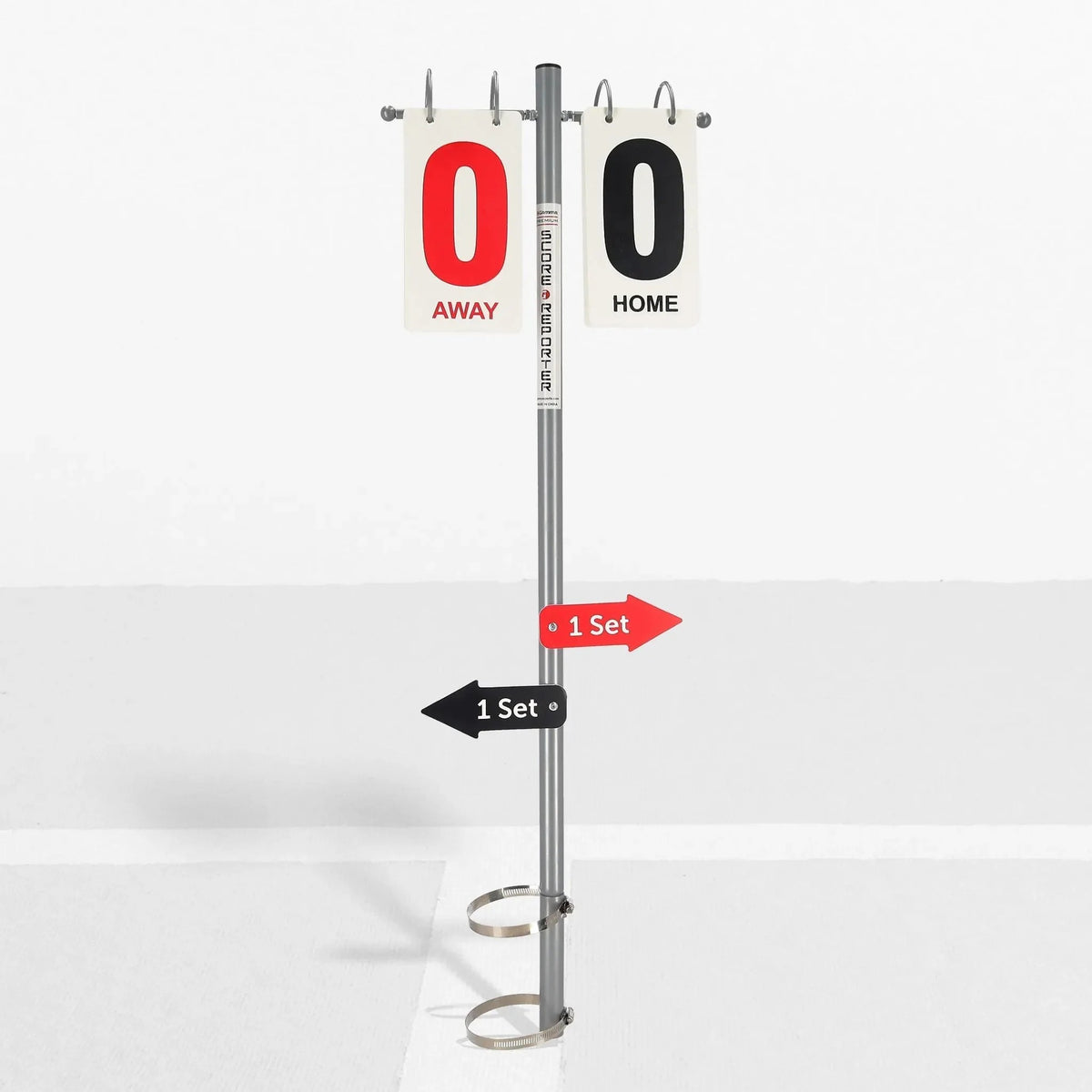 Portable tennis score reporter with flip number cards and directional set indicators, designed to track and display match scores on court.