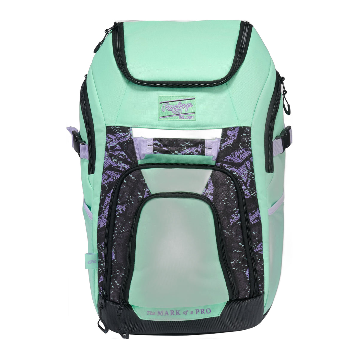 Rawlings Franchise 2 baseball backpack in Black/Purple/Mint, front view