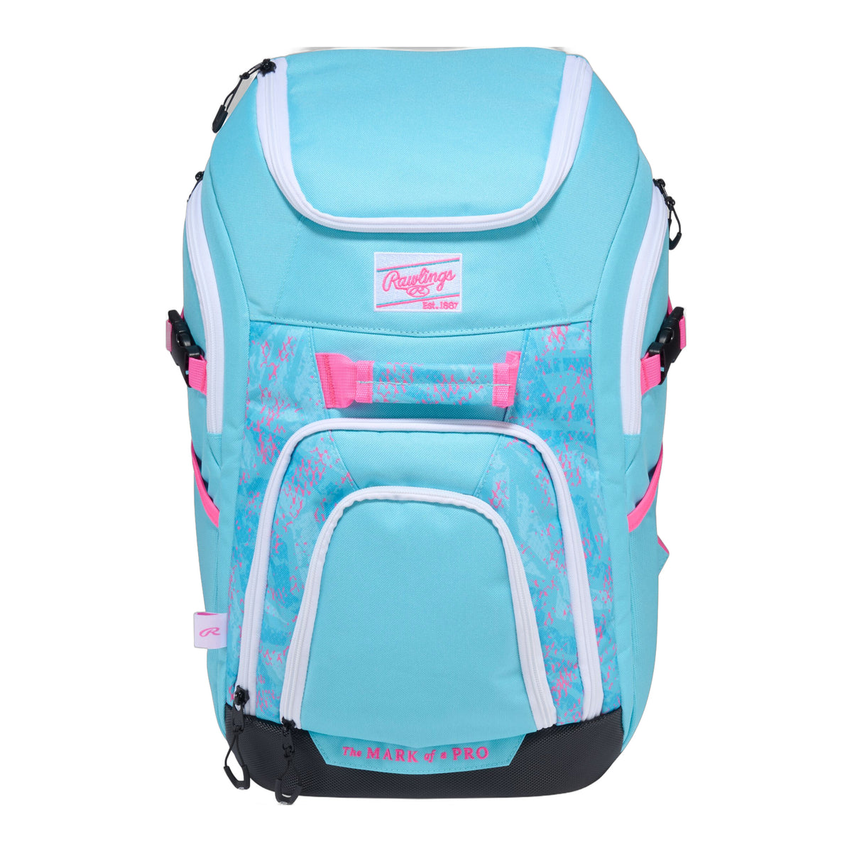 Rawlings Franchise 2 baseball backpack in Aqua/Pink, front view