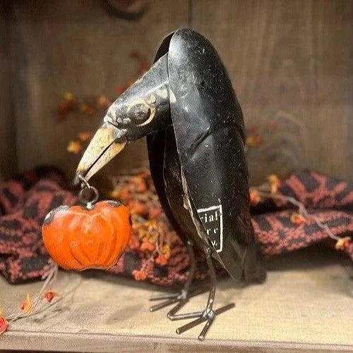 Primitive Halloween Raven Recycled Metal Pumpkin, Black Farmhouse Fall Decor 11.5" Tall