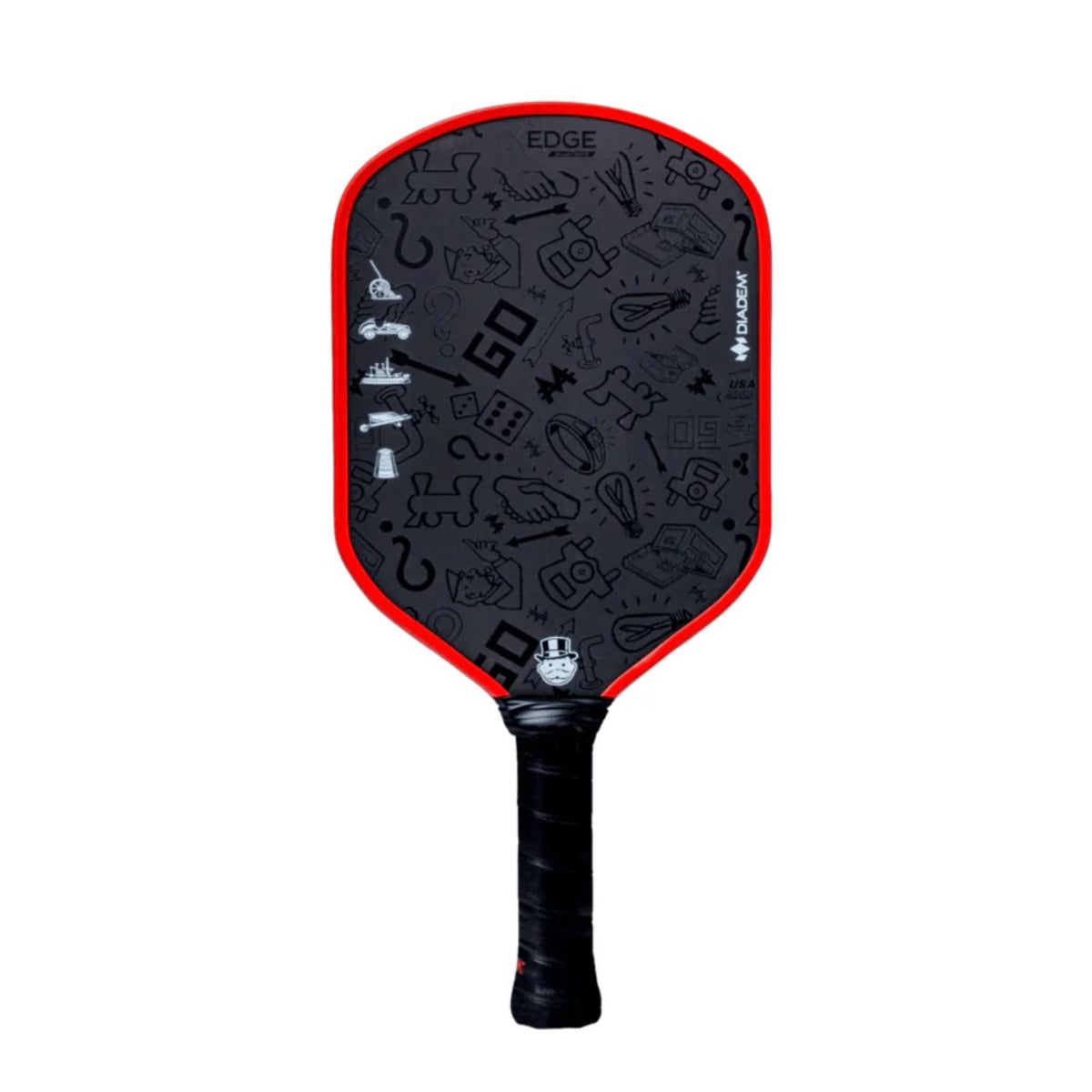 Diadem Edge BluCore x Monopoly limited edition pickleball paddle featuring a patterned face with Monopoly-themed icons and branding, shown upright with handle visible.