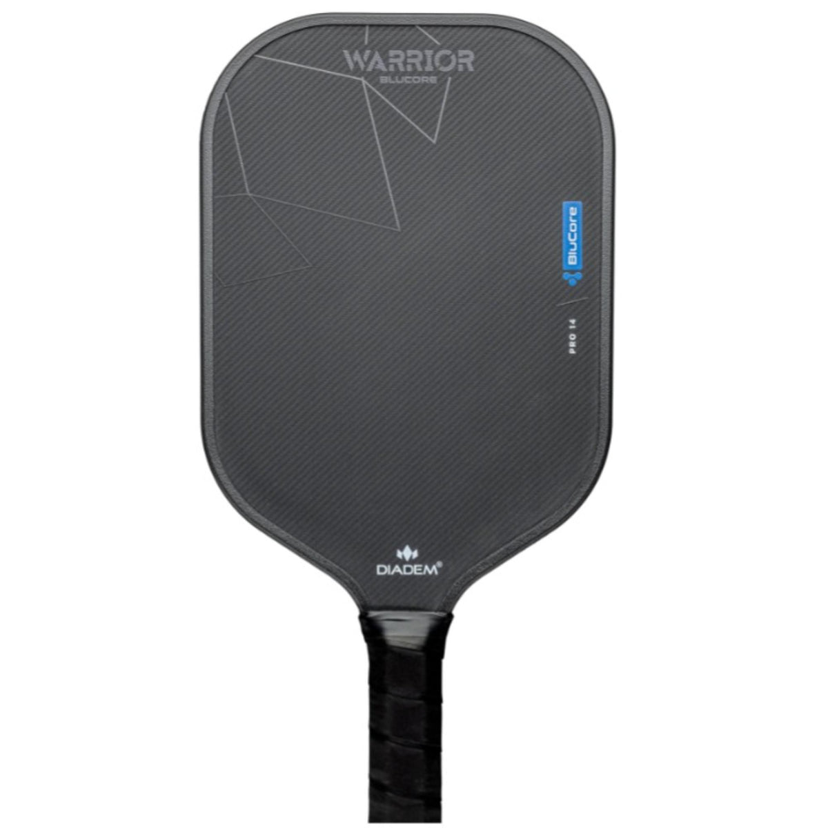 Pickleball paddle with a textured face surface, geometric design accents, and a cushioned grip handle.