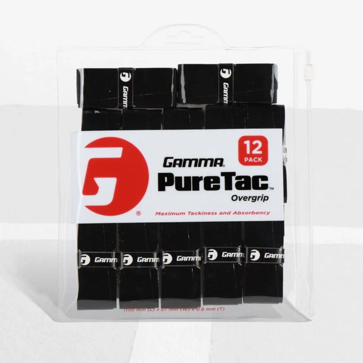 Packaged tennis overgrip designed to improve handle grip, offering enhanced tackiness, comfort, and moisture absorption for better control.