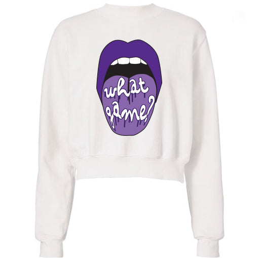 Purple What Game Lips Cropped Sweatshirt