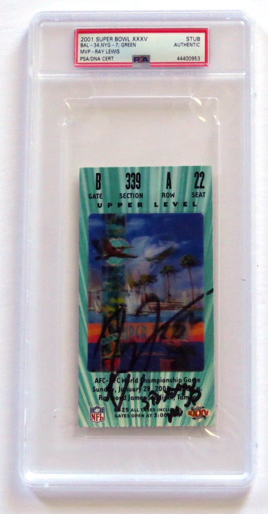 Ray Lewis Autographed Baltimore Ravens Super Bowl XXXV Encapsulated Ticket Stub W/ SB XXXV MVP PSA/DNA Green