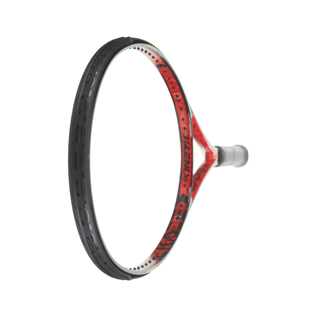Tennis racket shown from front and side angles, featuring a mid-size head, open string pattern, and ergonomic grip designed for control, power, and comfortable play.