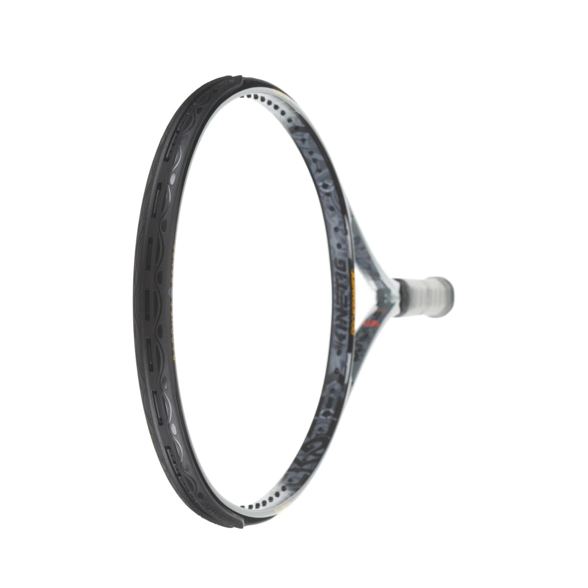 Tennis racket displayed from front and side views, featuring a full-size head, string pattern, and ergonomic handle designed for precision, control, and performance on the court.