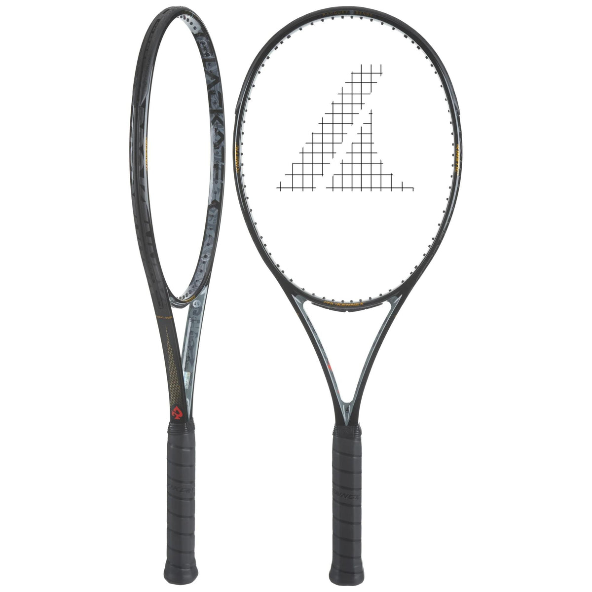 Tennis racket displayed from front and side views, featuring a full-size head, string pattern, and ergonomic handle designed for precision, control, and performance on the court.