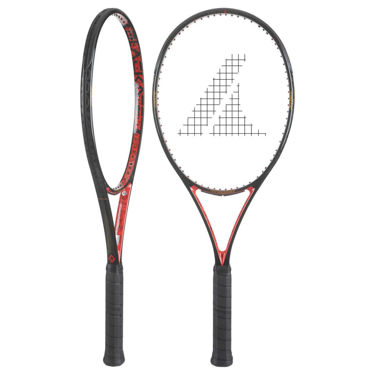 Tennis racket shown from front and side angles, featuring a mid-size head, open string pattern, and ergonomic grip designed for control, power, and comfortable play.