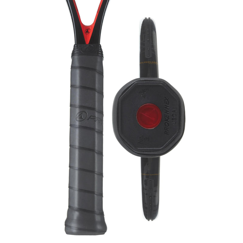 Tennis racket shown from front and side angles, featuring a mid-size head, open string pattern, and ergonomic grip designed for control, power, and comfortable play.