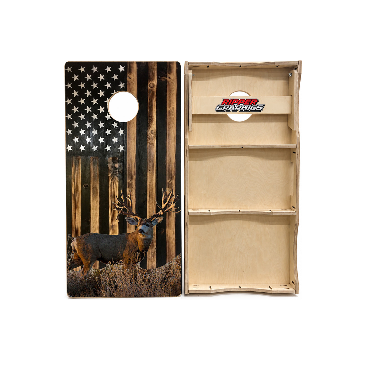 Rustic American Flag Mule Deer Cornhole Design product photo