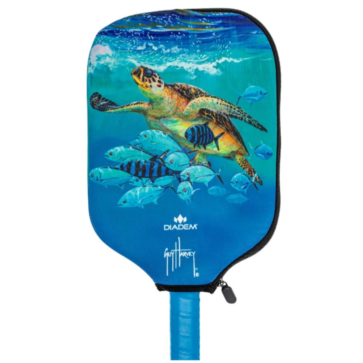 Diadem paddle cover with a zippered design and large front logo, shown fitted over a paddle with handle visible.