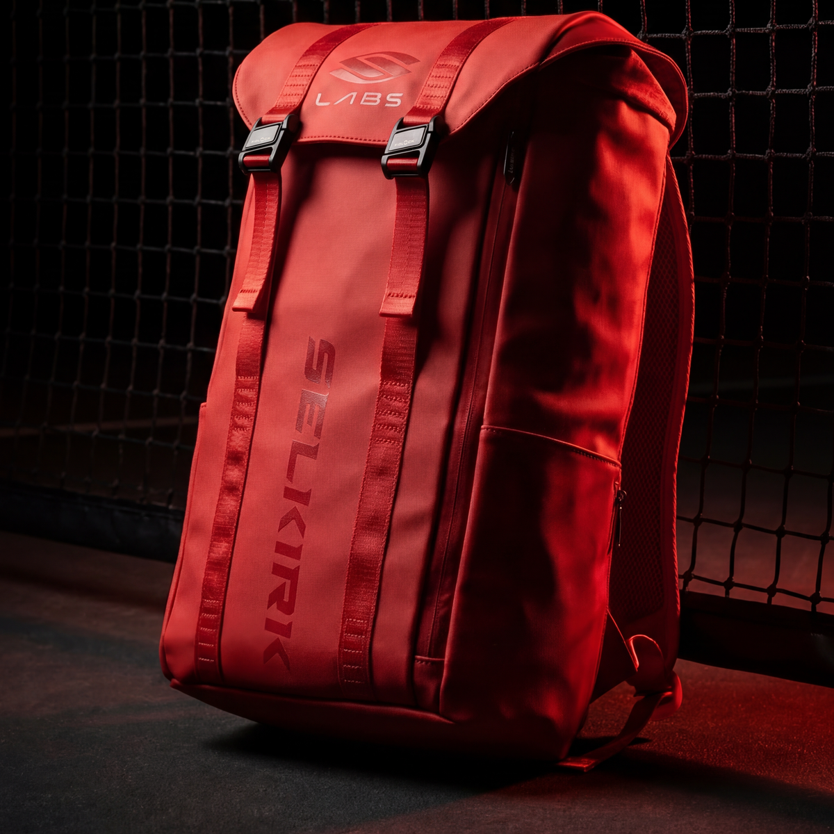 Selkirk LABS Prestige Pickleball Backpack in Crimson Red - B2B studio lifestyle view