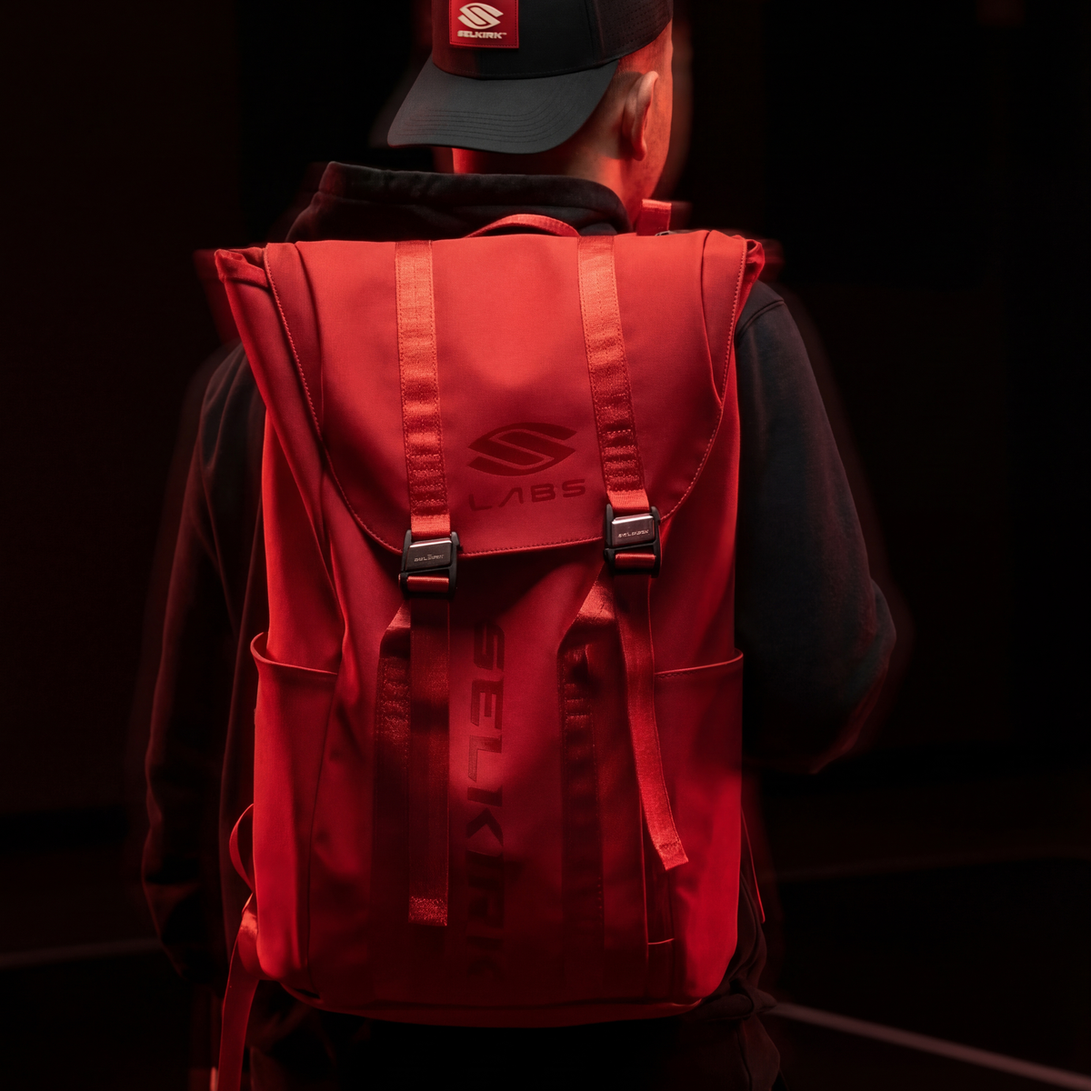 Selkirk LABS Prestige Pickleball Backpack in Crimson Red - worn lifestyle view