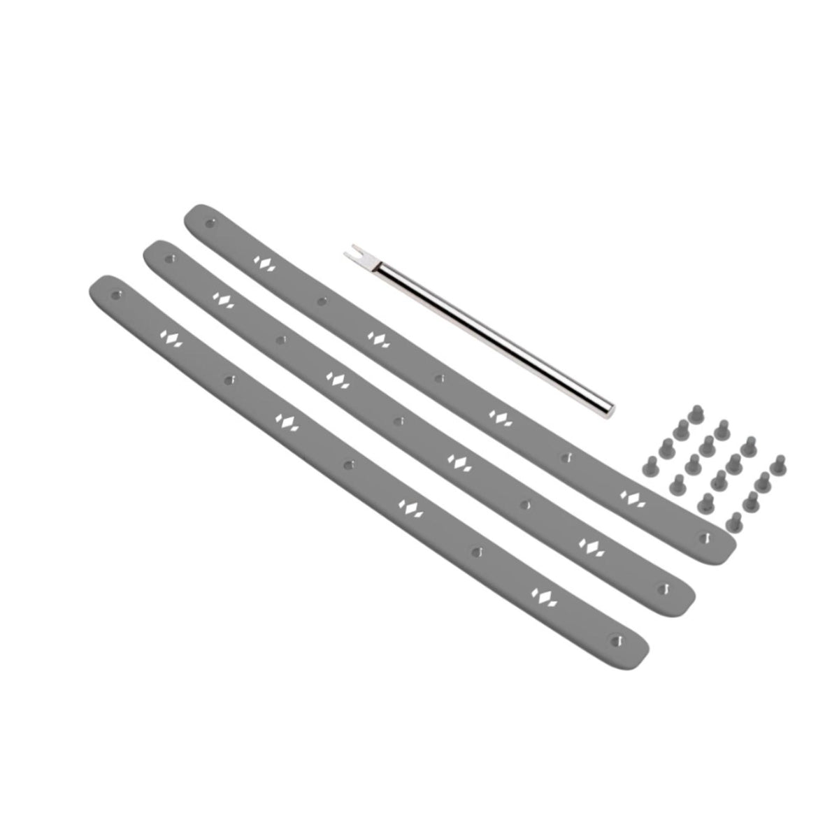 Pickleball paddle bumper guard replacement kit including multiple protective strips, fasteners, and an installation tool.