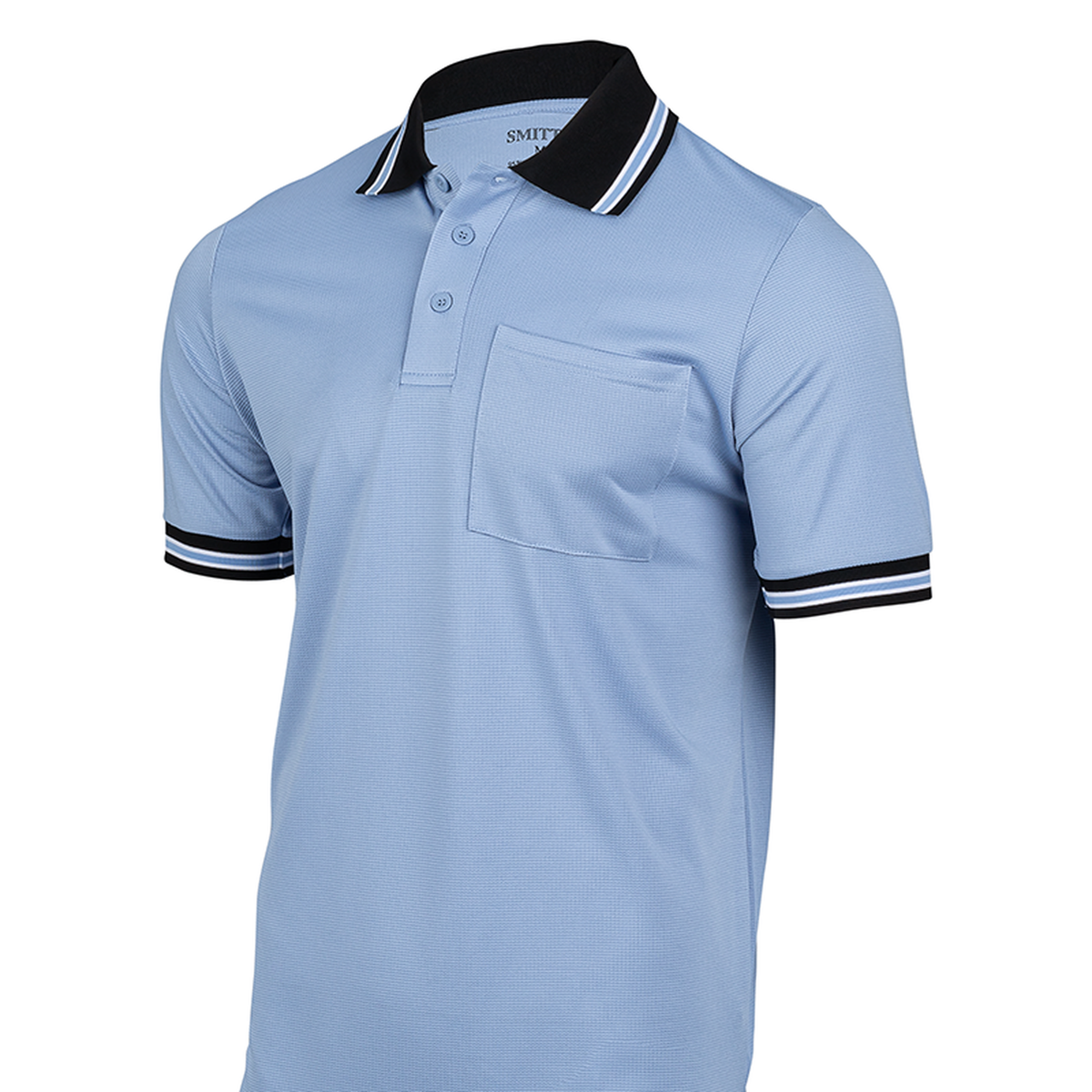 Smitty BBS-307 New "Body Flex" Baseball & Softball Umpire Shirt in Carolina Blue w/ Black Trim - front view