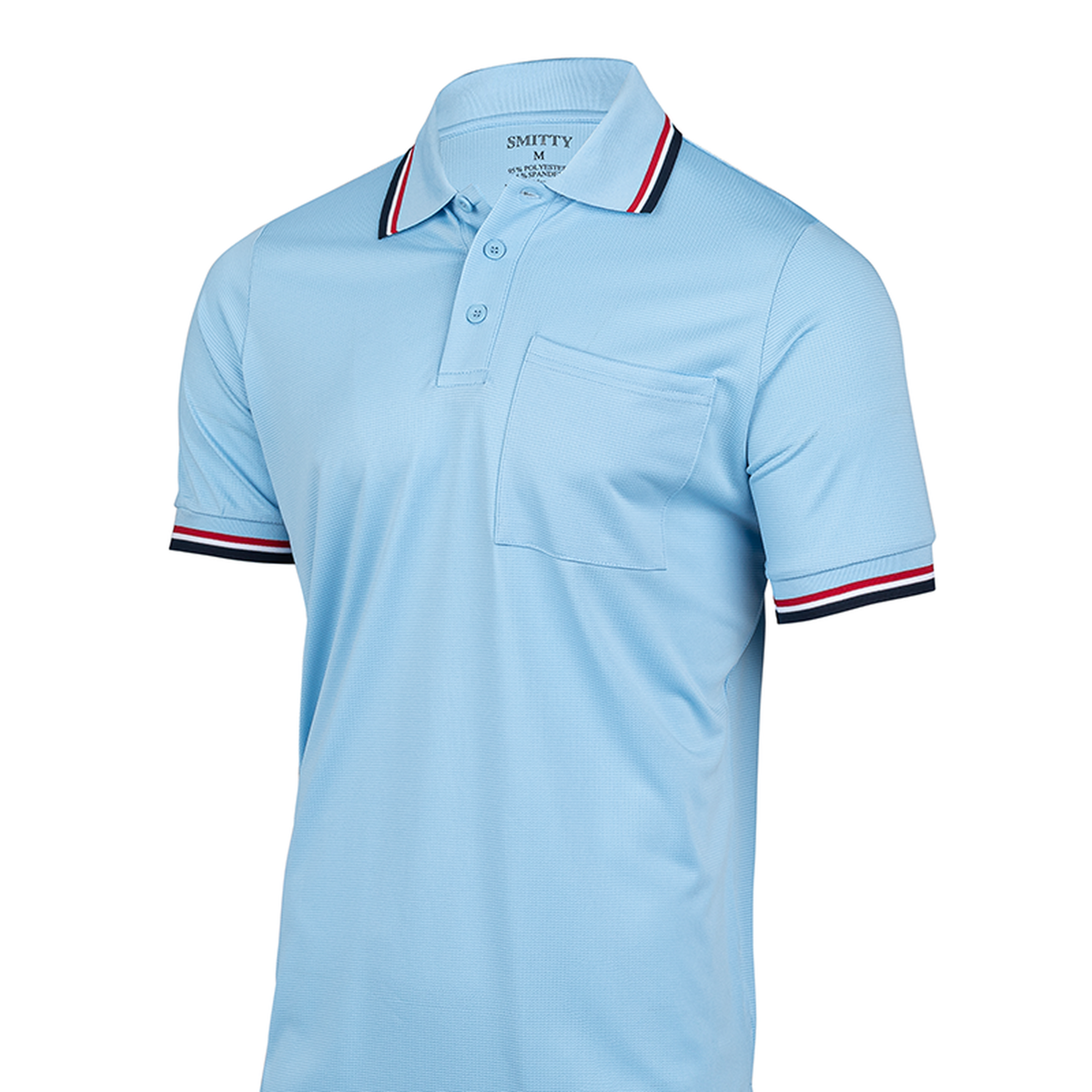 Smitty BBS-307 New "Body Flex" Baseball & Softball Umpire Shirt in Powder Blue w/ RWB Trim - front view