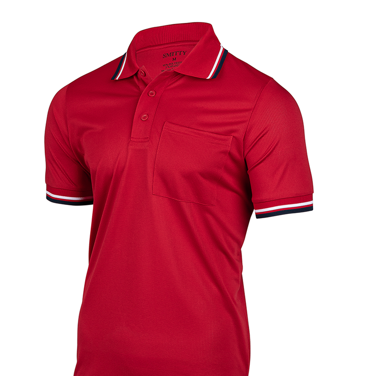 Smitty BBS-307 New "Body Flex" Baseball & Softball Umpire Shirt in Red w/ RWB Trim - front view