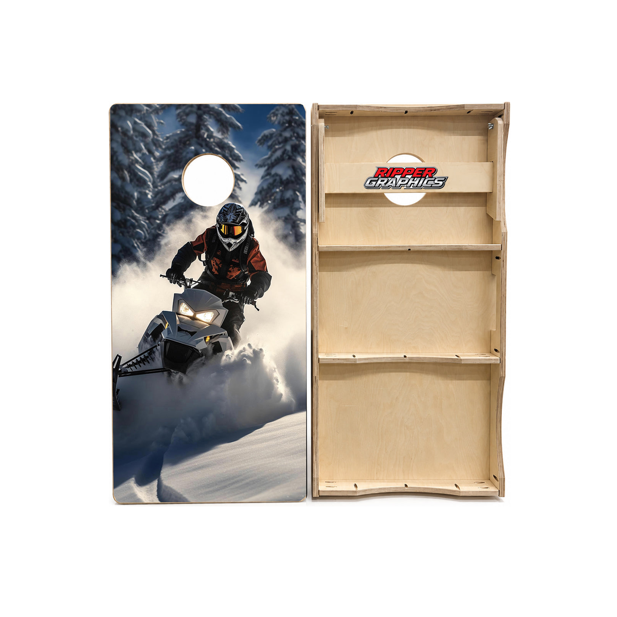 Snowmobiling in the Mountains Cornhole Design product photo