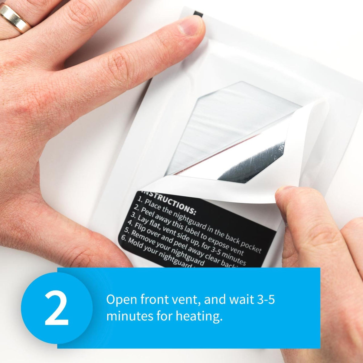 Instant heat pack for molding dental night guard with instructions printed on the front.