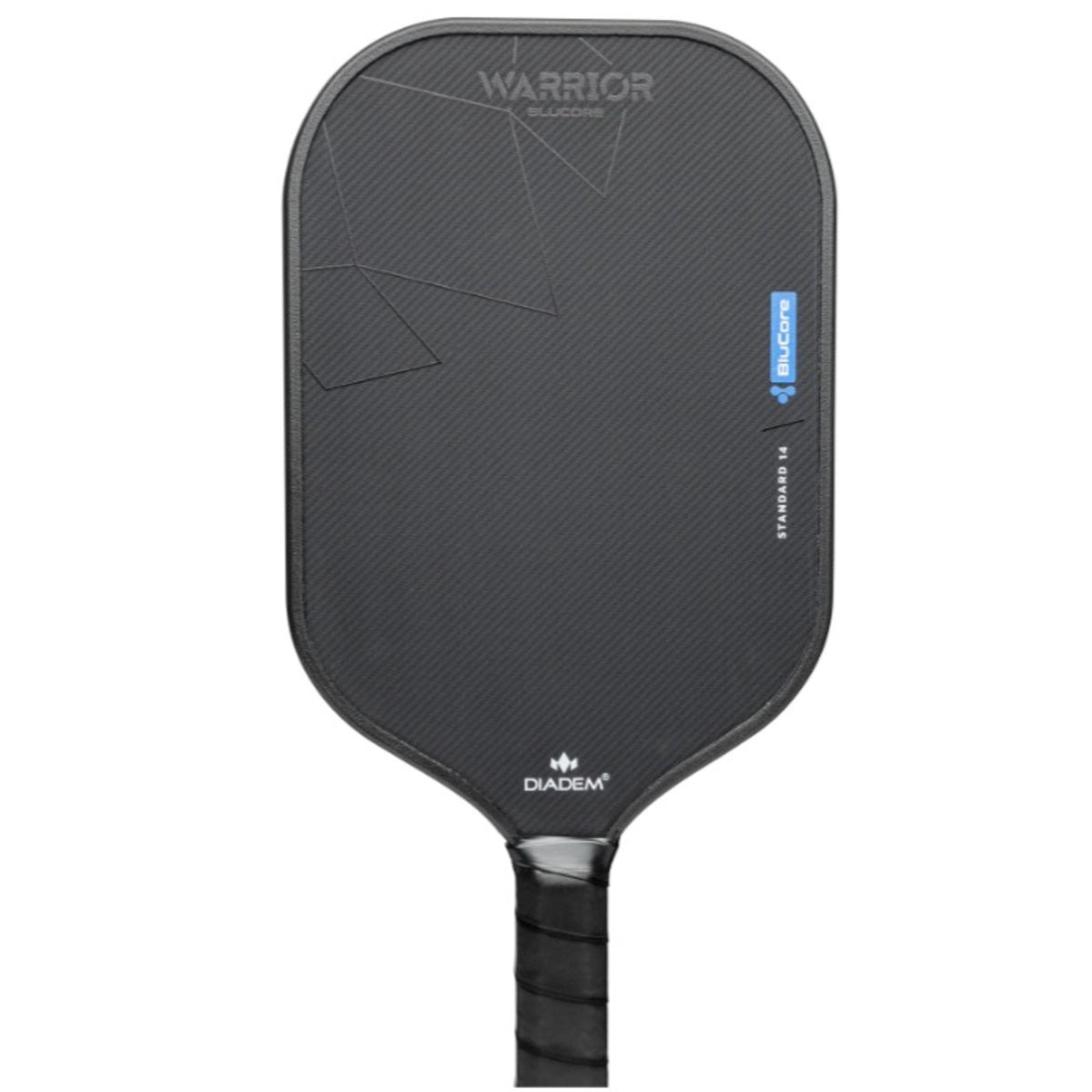 Pickleball paddle with a textured face surface, geometric design accents, and a cushioned grip handle.