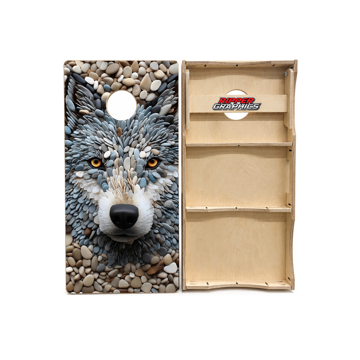 Stone Wolf Face Cornhole Design product photo