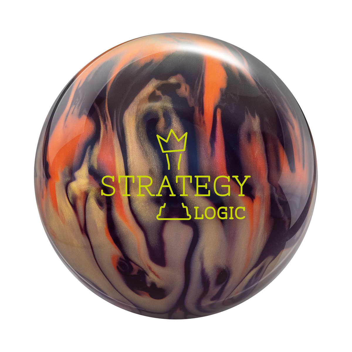 Brunswick Strategy Logic Bowling Ball in Black/Gold/Orange - Front view
