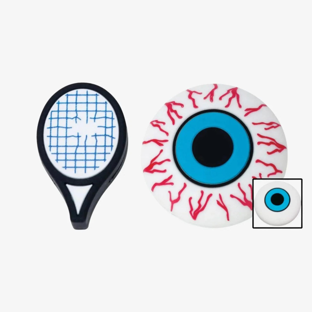 Tennis racket string dampeners in novelty designs, including a racket-shaped piece and a circular eye design, used to reduce vibration during play.