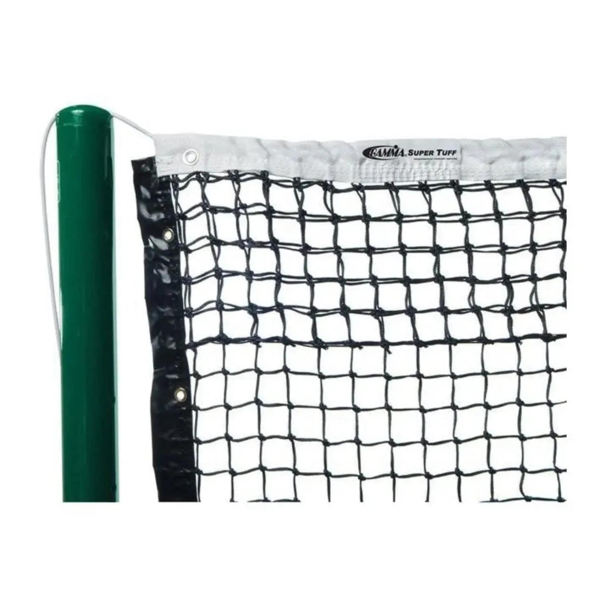 Tennis net with reinforced edges and mesh construction, designed for durability and secure attachment to court posts.