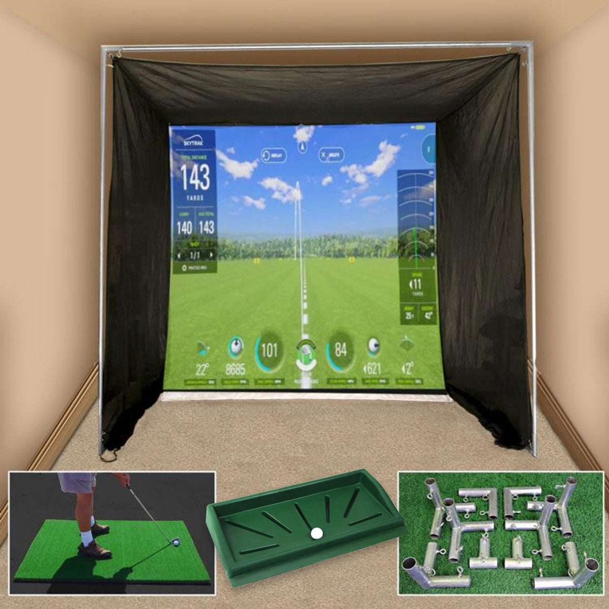 Cimarron 5x10x10 Tour Simulator Golf Net Frame Kit, 5x5 TeeLine Golf Mat, & Ball Tray - Alternate View 2