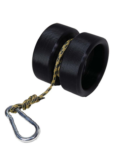 Black rubber bungee with a carabiner on a white background