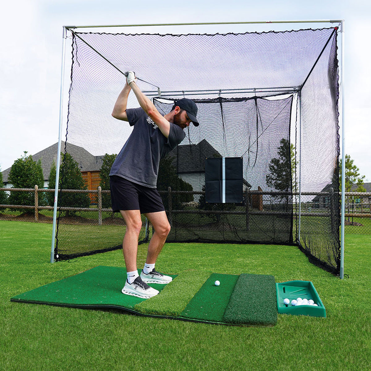 Cimarron 10x10x10 Masters Golf Net with Frame Kit, 4x6 Ultimate Golf Mat, & Ball Tray - Alternate View 1