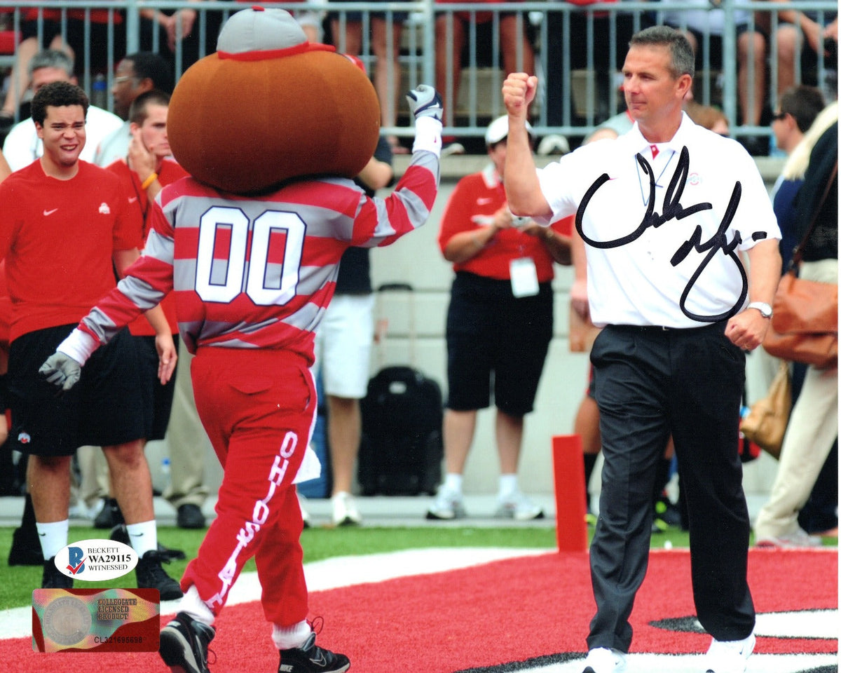 Urban Meyer Autographed Ohio State Buckeyes Fist Bump with Brutus 8x10 Photo Beckett Witnessed