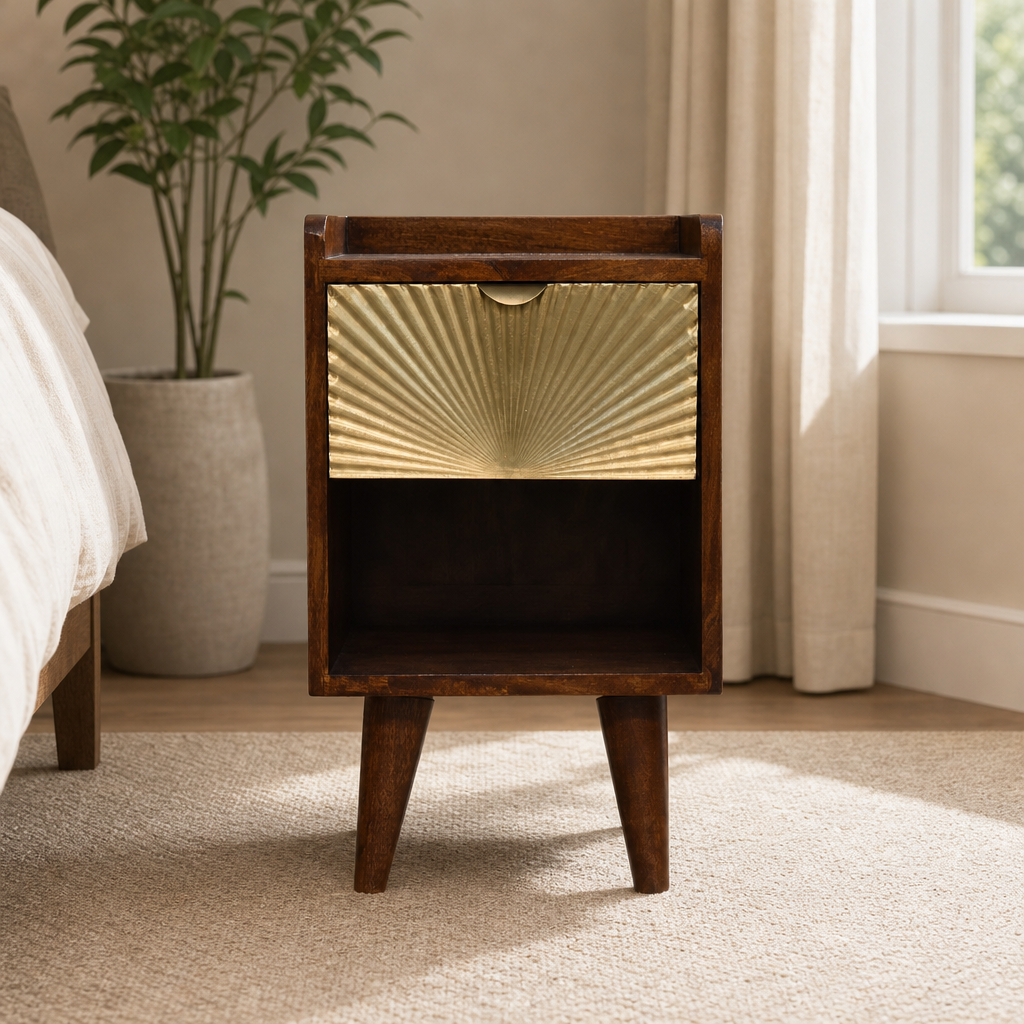 Mini Chestnut Nightstand with Brass-Plated Sun-Rise Drawer Front