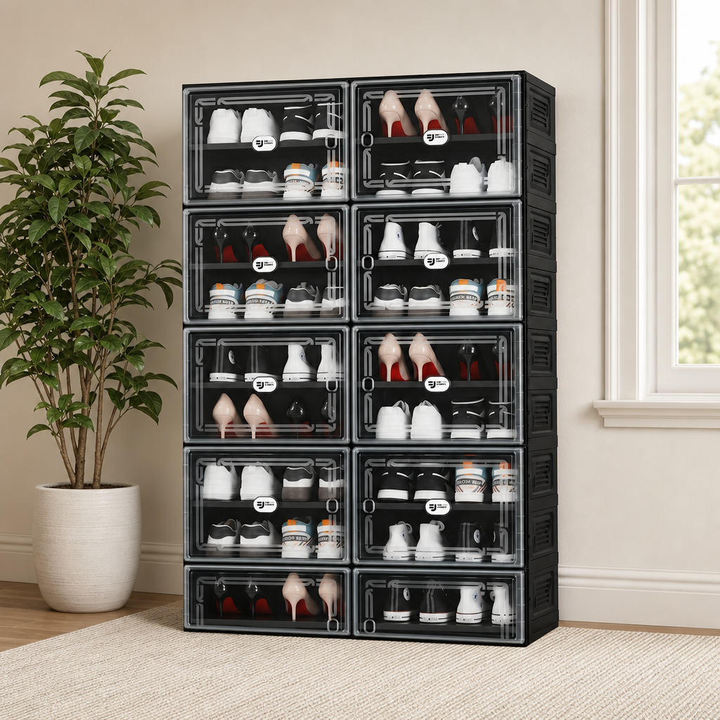 2Row Shoe Cabinet, Black, Clear Magnetic Doors, Collapsible Enclosed Storage