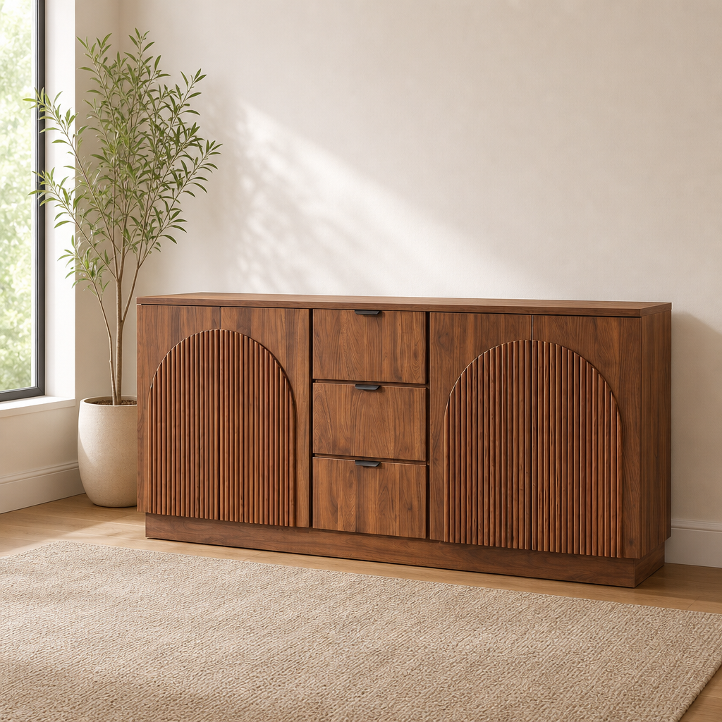 Walnut-Finish Sideboard Buffet with 4 Arched Reeded Doors and 3 Drawers