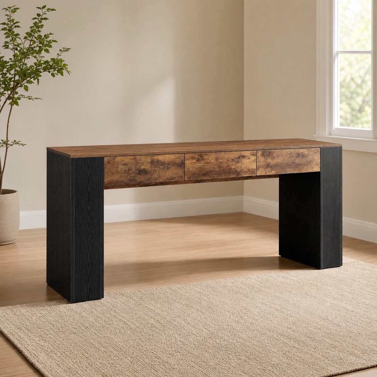 Console Table with 3 Drawers in Rustic Brown And Black or Oak