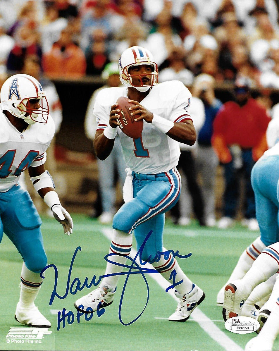 Warren Moon Autographed Houston Oilers 8x10 Photo W/ HOF 06 JSA Wittnessed