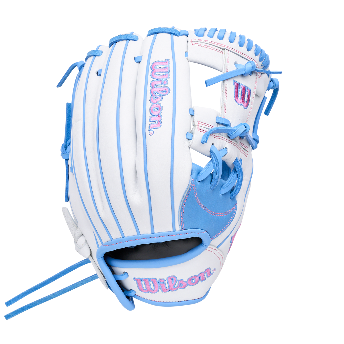Wilson 2027 A1000 H12 12 inch Fastpitch Infield Glove in Cool Blue, White and Flamingo Pink - back view