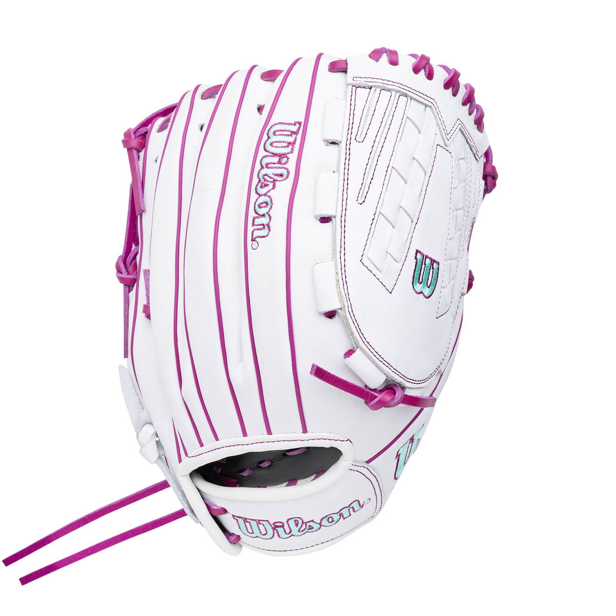 Wilson 2027 A1000 V125 12.5 inch Fastpitch Outfield Glove in Lavender, White and Seafoam - back view
