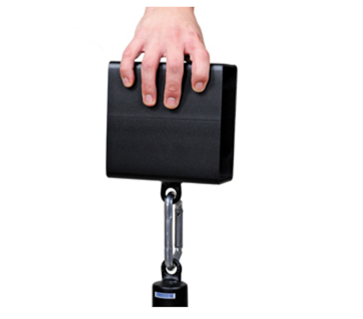 A black pinch grip strengthener with a metallic chain attached to a carabiner.