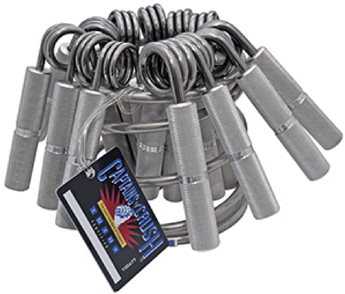A metal coil caddy with multiple handles, designed to hold grippers and IMTUGs for weight lifting. The caddy is 5 inches by 5 inches and made of iron with a textured surface, and it includes a product label in the front.