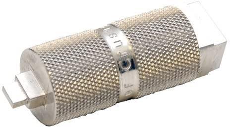 A silver-colored IronMind Captains of Crush key, which is a GPS for grip training with a textured surface and a metallic ring for adjustment.