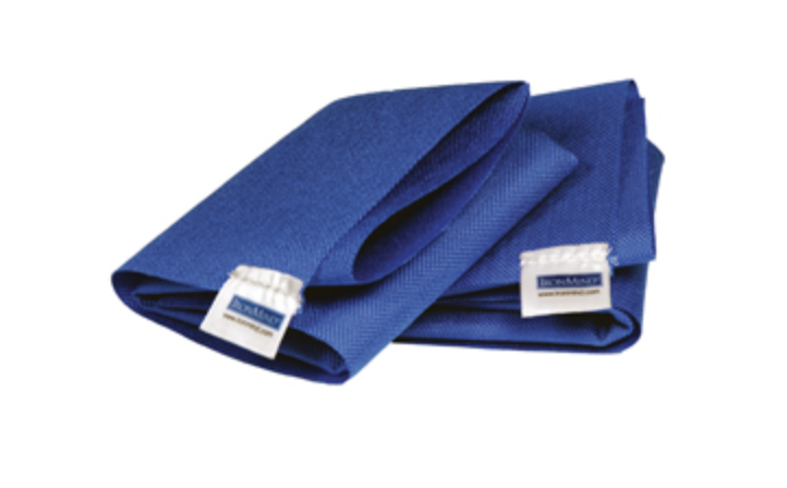 A pair of blue IronMind hand pads designed for protection during weight lifting, lying flat and overlapped.