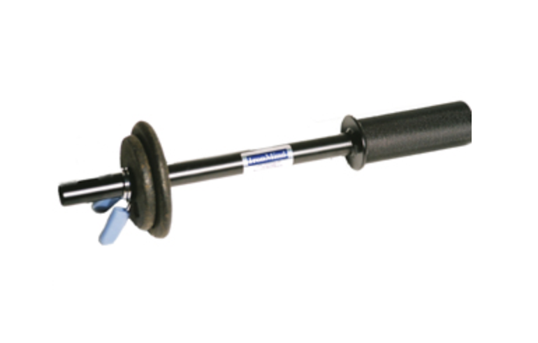 A black and silver IronMind Heavy Hammer II Leverage Bar with a 2-inch diameter handle and a spring clip collar.