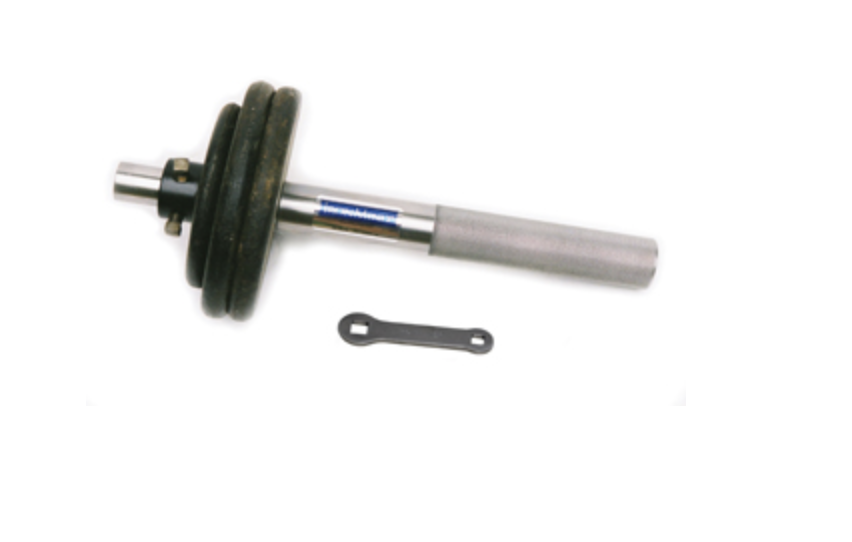 A wrist reinforcer machine with a knurled handle and a Bulldog II collar, designed for strength training of wrists and forearms, accompanied by a set of exercise plates.